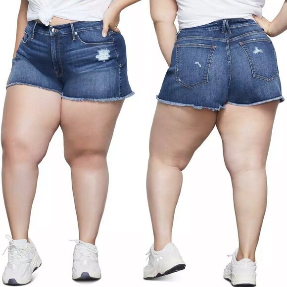 Good American Women's NWT Dark Distressed The Cut Off Jean Shorts Plus Size 22 - Picture 1 of 10